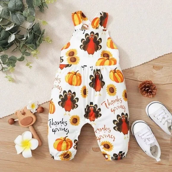 Size 3-6 months, girls Thanksgiving jumpsuit, turkey & pumpkin, baby Fall outfit - Picture 2 of 6